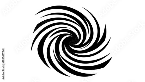 Abstract black spiral swirl pattern with dynamic rotating lines, isolated white background.