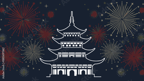 Traditional Japanese pagoda with vibrant fireworks illuminating the dark night sky, celebrating a festive event.