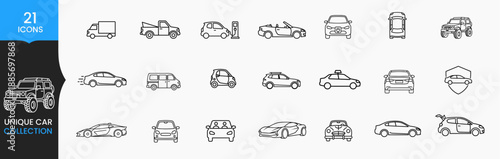 Car Line Icons Set with Electric Sports SUV Taxi and Delivery Vehicles Vector Collection