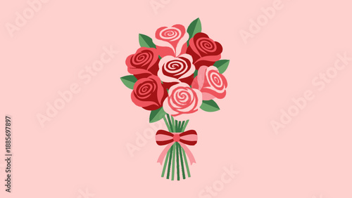 Beautiful bouquet of red roses with green leaves and a ribbon, celebrating love on a pink background.