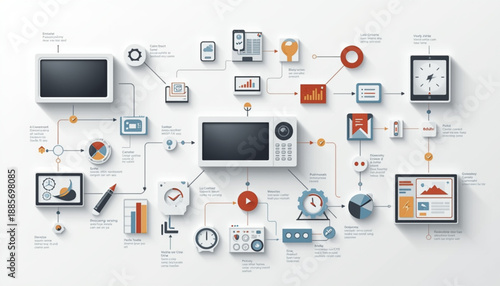 A collection of various electronic devices and icons on a light grey background representing technology and digital communication