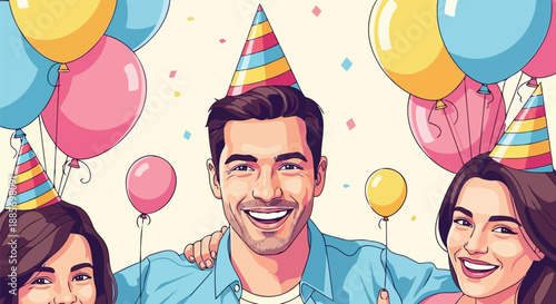 Cheerful group of friends celebrating birthday with balloons and hats