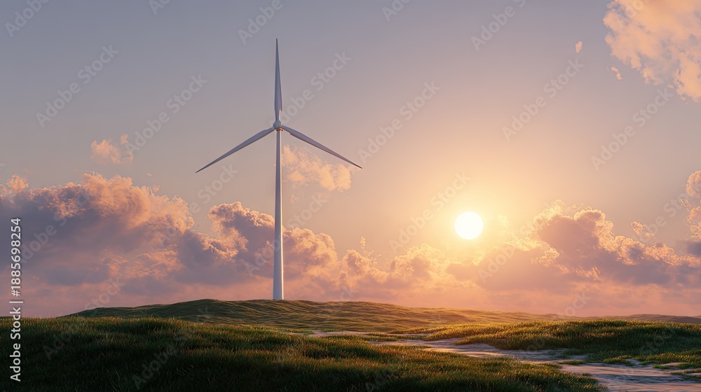 Obraz premium Wind turbine generating power on grassy hill during scenic sunset
