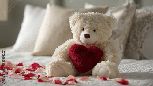 Soft Cream Colored Teddy Bear Holding Red Heart on a Cozy Bed with Petals