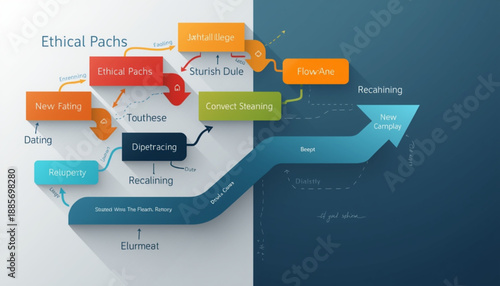 A colorful infographic illustrating various ethical paths and decision making processes in a business or professional context with arrows and boxes