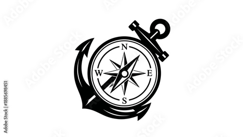Nautical anchor with a compass rose symbol, representing direction and stability, on an isolated white background.