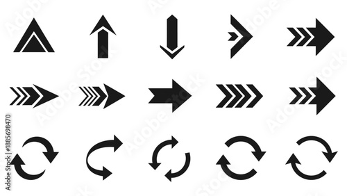 Diverse set of black arrow icons for navigation and rotation, pointing up, down, and sideways on an isolated white background.