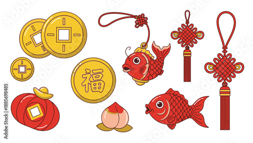Traditional Chinese New Year lucky charms with gold coins and red fish on an isolated white background.