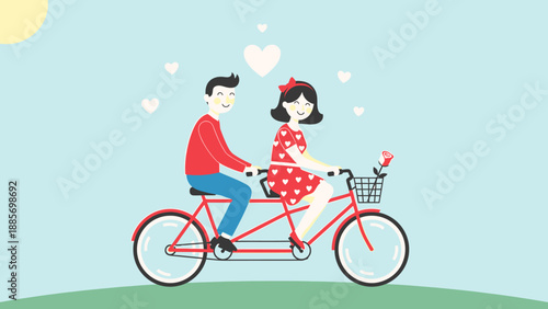 Happy Loving Couple Enjoying a Romantic Tandem Bicycle Ride Outdoors on a Sunny Day in a Park Setting