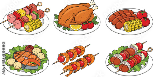 Grilled food dishes collection with skewers roasted chicken sausages and seafood vector illustration set