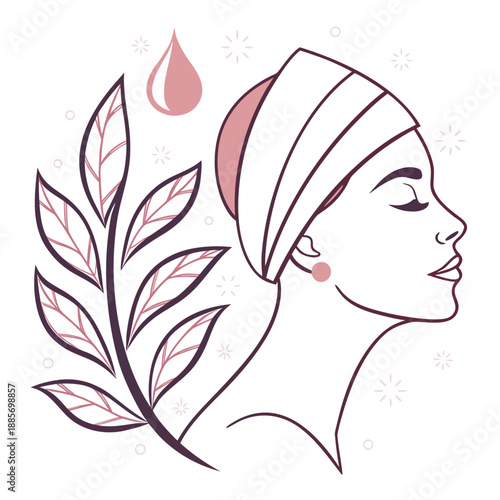 Serene woman with towel on head surrounded by leaves and a drop of oil in a peaceful spa environment viewed from the side