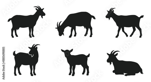 Dynamic Collection of Black Goat Silhouettes in Various Poses, Perfect for Animal Farm Designs and Nature-Themed Graphics