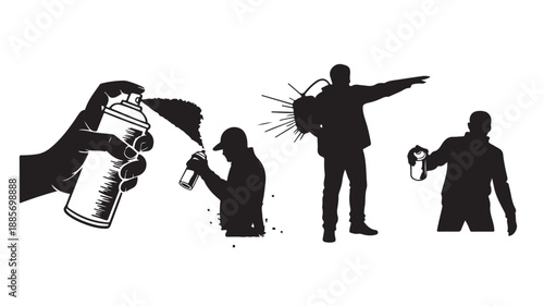 Graffiti Artists Spraying Paint on Walls, Silhouettes of People with Spray Cans, Urban Street Art