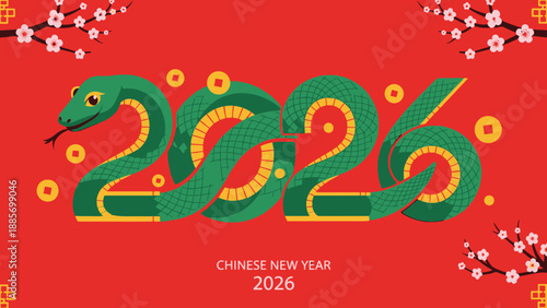 Chinese New Year 2026 Design with Green Snake and Cherry Blossoms on Red Background