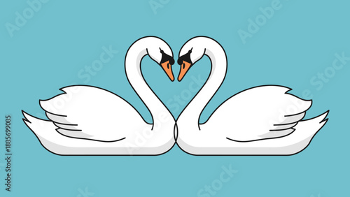 Two Graceful White Swans Forming a Heart Shape on a Light Blue Background Symbolizing Romantic Love and Unity