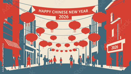 Happy Chinese New Year 2026 Celebration Street Scene with Red Lanterns, Festive Decorations, and People Walking in City