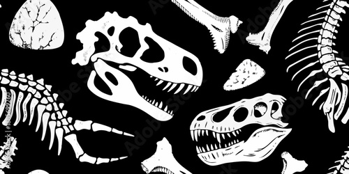 A black and white illustration of various dinosaur bones and fossils
