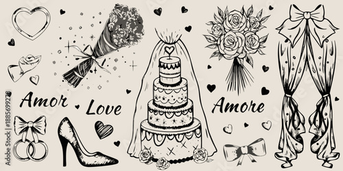 Elegant wedding elements bouquets cake bridal dress and romantic decorations