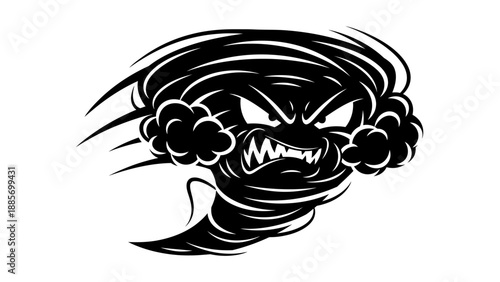 Cartoon Angry Black Tornado Monster with Sharp Teeth on Isolated White Background