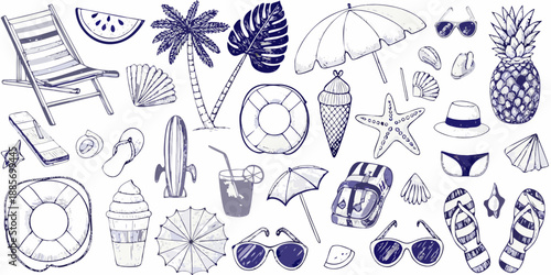 A charming collection of hand drawn summer vacation and tropical elements