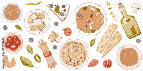 A colorful assortment of mediterranean food items arranged on a white background