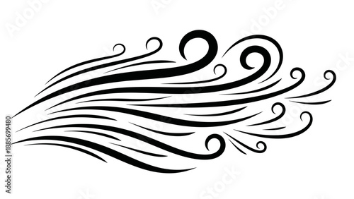 Dynamic Black Wind Gust Swirls Illustration on Isolated White Background