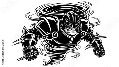 Powerful Cartoon Robot Character Surrounded by a Swirling Tornado Effect on Isolated White Background