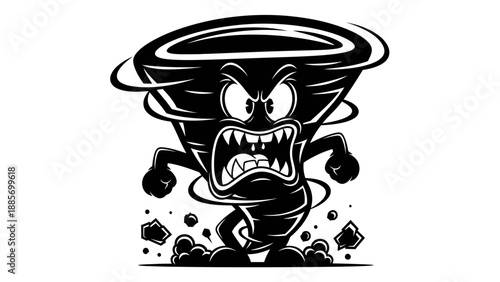 Angry Cartoon Tornado Character with Furious Face and Dust Flying on Isolated White Background