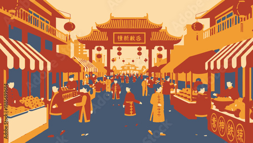 Lively traditional Chinese market street scene with people shopping and walking among bustling shops and traditional architecture, vibrant cultural landscape.
