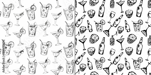 Black and white sketch pattern of various cocktail glasses and bottles