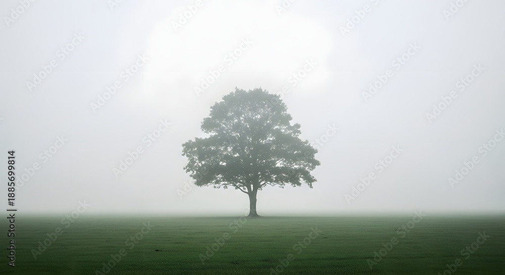 Obraz premium An isolated tree stands alone in the vast, ethereal embrace of a dense morning fog, portraying a serene landscape of quiet solitude and profound natural beauty, perfect for contemplation