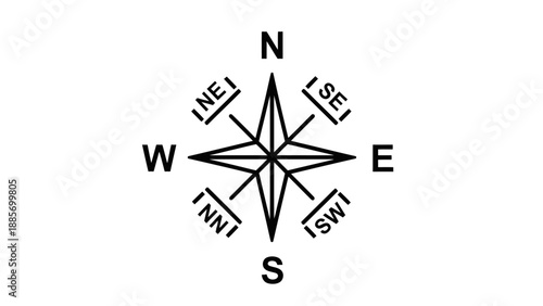 Detailed black and white compass rose showing cardinal directions, isolated white background.