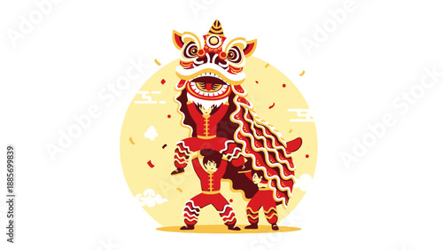 Energetic Chinese Lion Dance performance with two people in traditional costume on a bright yellow background, festive celebration.