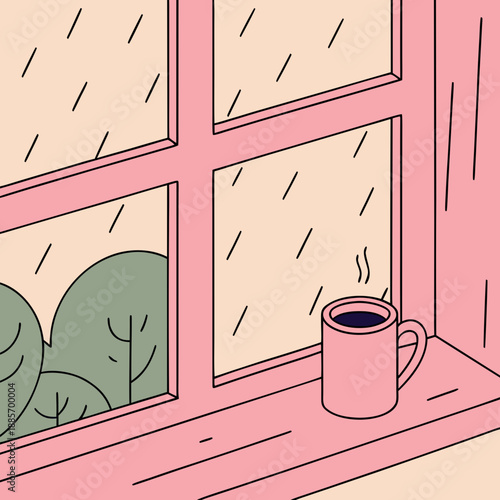 Cozy coffee cup on windowsill with rain and greenery outside  