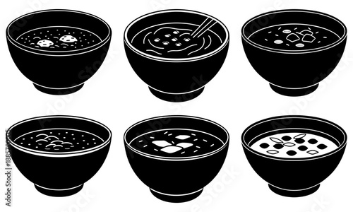 Six black bowls filled with various amounts of food and liquid on a white background