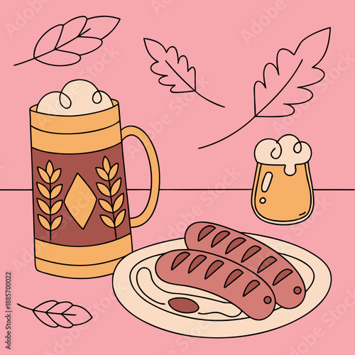 Beer and sausages on plate with leaves on pink background  