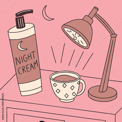 Night cream bottle and coffee cup with lamp on pink table  