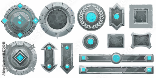 A collection of gray and teal decorative stone and metal game elements