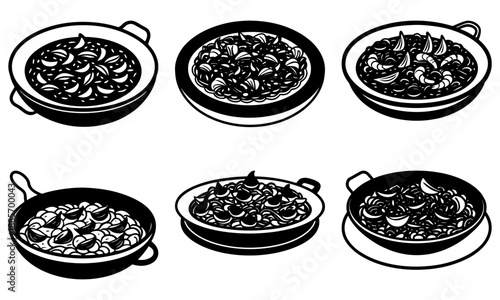 Six paella dishes filled with seafood are cooked on a stovetop.