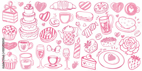 A delightful collection of pink sketched desserts and sweet treats