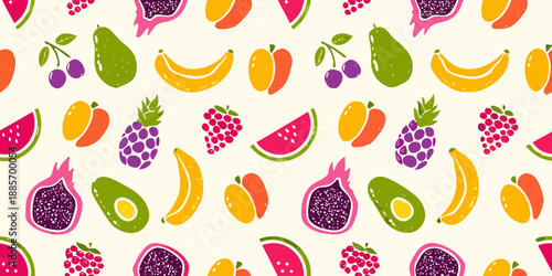 Colorful pattern of various fruits including bananas watermelon and berries