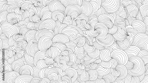 Intricate abstract pattern of swirling waves or clouds created with multiple fine monochrome lines in a dense texture.