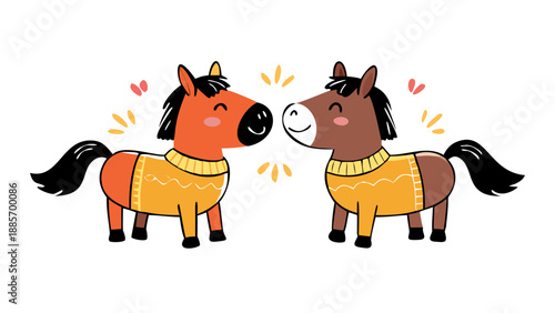 Cute Characters Designs Vector Art Illustration.Year of the Horse. Two cute horses in New Year outfits, standing face to face, smiling, conveying best wishes for the coming year. Great fortune and gre