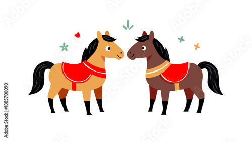 Cute Characters Designs Vector Art Illustration.Year of the Horse. Two cute horses in New Year outfits, standing face to face, smiling, conveying best wishes for the coming year. Great fortune and gre