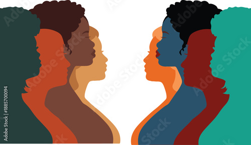 Diverse women profile vector with overlapping multicolored silhouettes facing each other in minimalist unity design