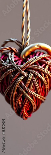 Heart made of interwoven metallic threads, suggesting strength, resilience, and interconnectedness ,  complex,  industrial