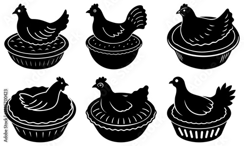 Six black silhouette chickens sitting on decorative bowls viewed from above on white