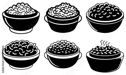 Six black bowls filled with various types of beans on white