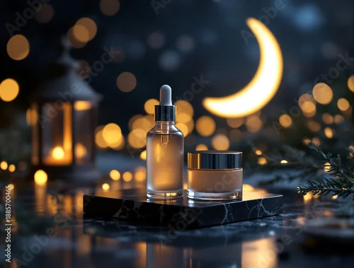 Fototapeta Serene Ramadan Night Scene with Cosmetic Products under Moonlight, Crescent Moon Visible, Lanterns and Lights Shining, Products Displayed on Dark Surface