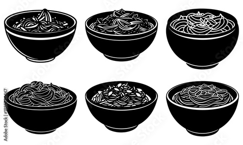 Six black bowls filled with various noodle dishes on a white background